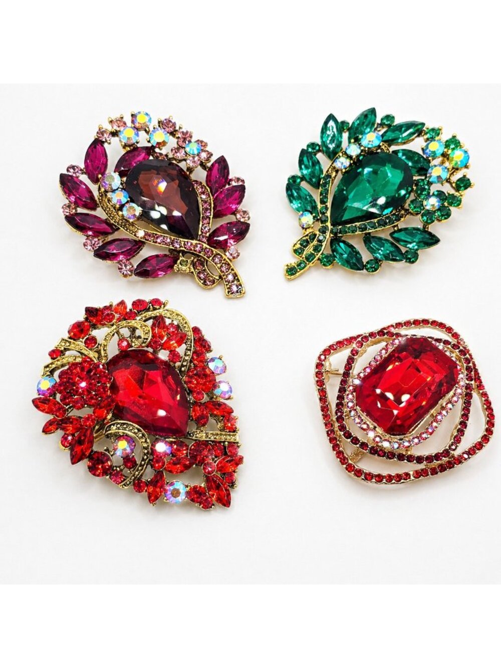 Rhinestone Brooch Lot 4 AB Crystal Glass Red Green Pink Pin Pendant Statement